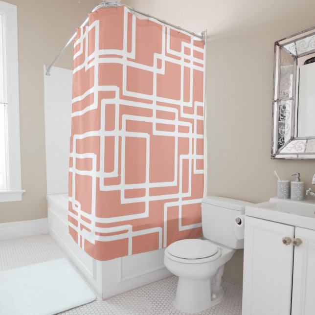 Retro Modern White Rectangles On Coral Shower Curtain (In Situ)