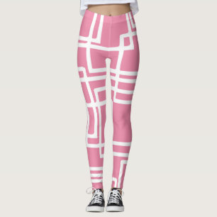 Retro Modern White Rectangles On Girly Pink Leggings