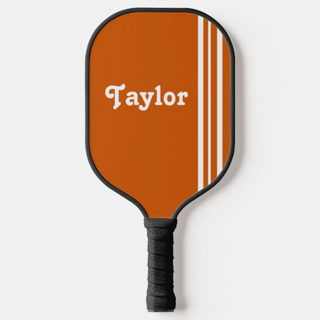 Retro Modern white Stripes Orange Personalised Pickleball Paddle (Front)