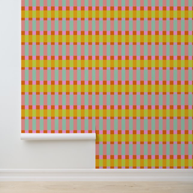 Retro Modern Yellow Mint Pink Geometric Plaid Cute Wallpaper (Application)