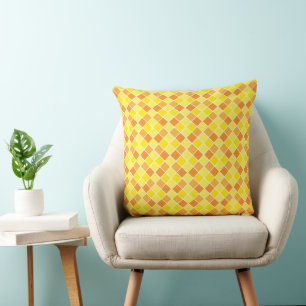 Retro Modern Yellow Orange Checkers Square Pattern Cushion