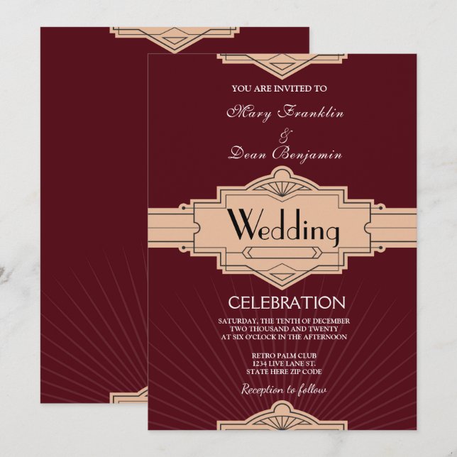 Retro Moderne Burgundy Rusty Art Deco Wedding Invitation (Front/Back)