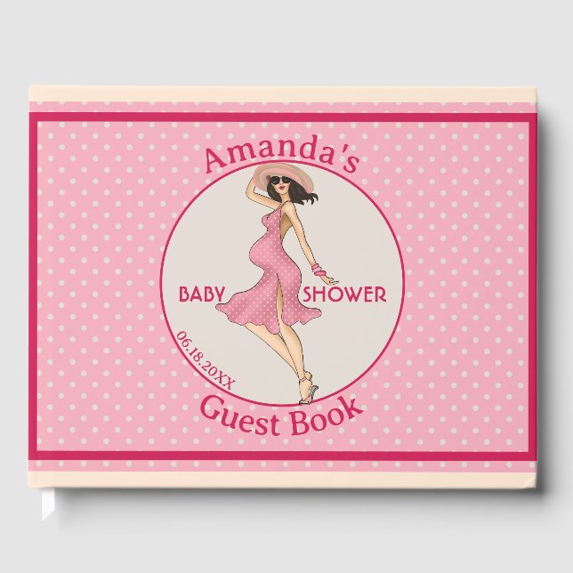 Retro Mom Brunette Baby Shower Party  Guest Book (Front)