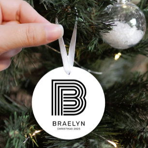 Retro Monogram and Name Black and White Christmas Metal Tree Decoration
