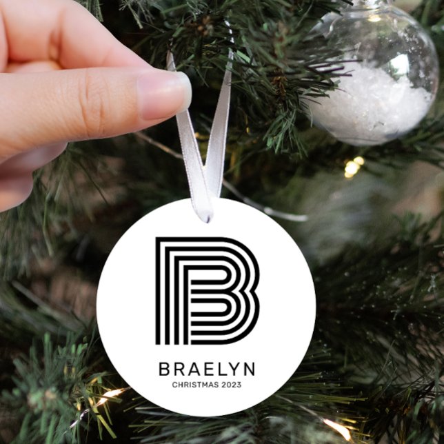Retro Monogram and Name Black and White Christmas Metal Tree Decoration (Creator Uploaded)