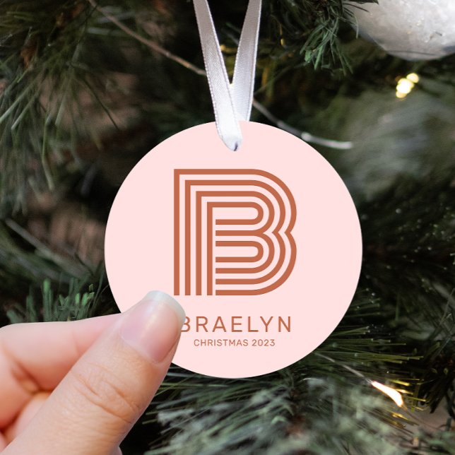 Retro Monogram and Name Pink Terracotta Christmas Metal Tree Decoration (Creator Uploaded)