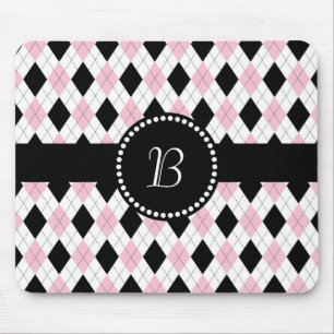 Retro Monogram Argyle Pattern Pink White Black Mouse Mat