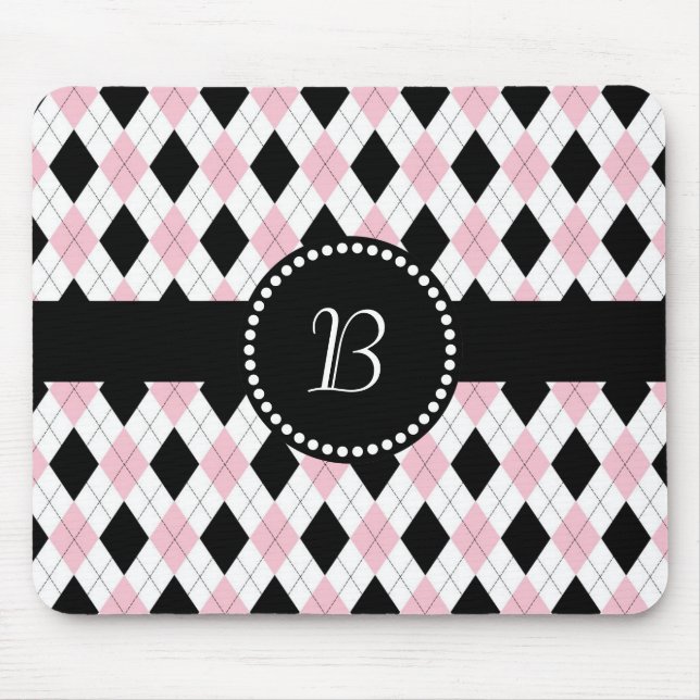 Retro Monogram Argyle Pattern Pink White Black Mouse Mat (Front)