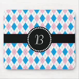 Retro Monogram Argyle Pattern Pink White Blue Mouse Mat