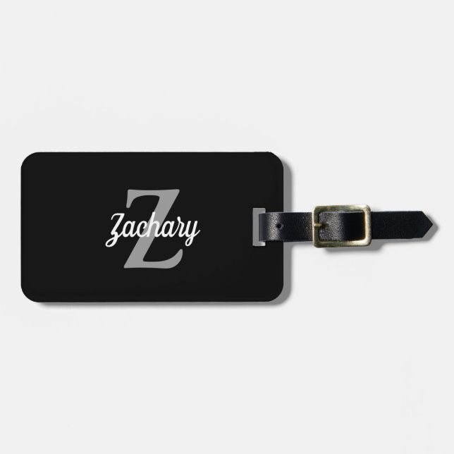 Retro Monogram Black Grey White Personalised Luggage Tag (Front Horizontal)