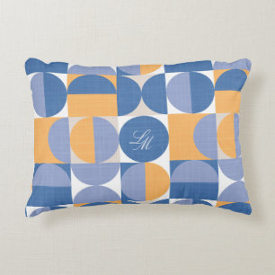 Retro Monogram Blue Yellow Mid-Century Circles Decorative Cushion