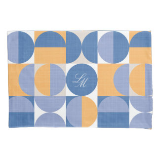 Retro Monogram Blue Yellow Mid-Century Circles Pillowcase