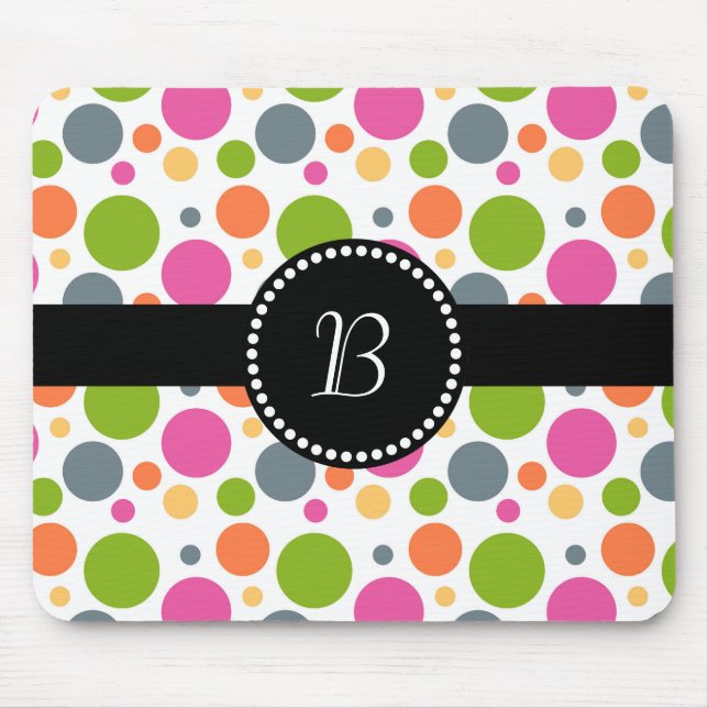 Retro Monogram Colourful Polka Dot Mouse Mat (Front)