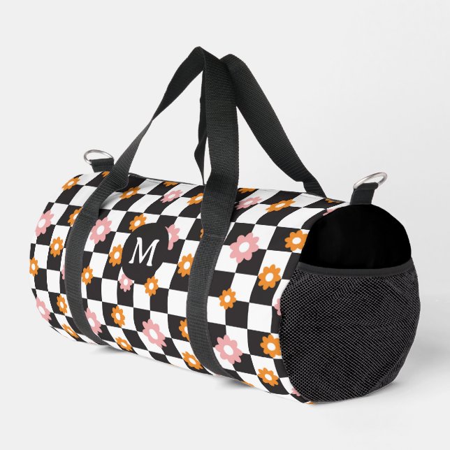 Retro Monogram Daisy Flower Chequerboard Pattern Duffle Bag (Right Corner)