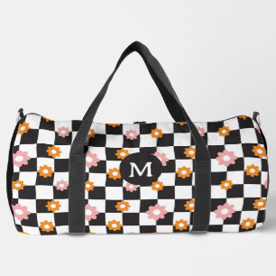 Retro Monogram Daisy Flower Chequerboard Pattern Duffle Bag