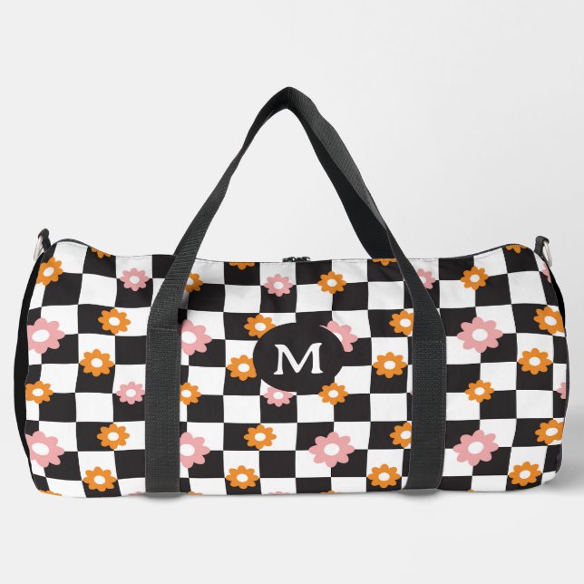 Retro Monogram Daisy Flower Chequerboard Pattern Duffle Bag (Front)