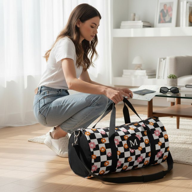 Retro Monogram Daisy Flower Chequerboard Pattern Duffle Bag (Creator Uploaded)