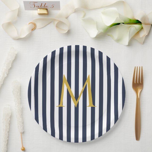 Retro Monogram Navy Blue & White Stripes Striped Paper Plate (Wedding)