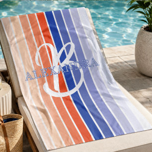 Retro Monogram Striped Beach Towel Custom Name