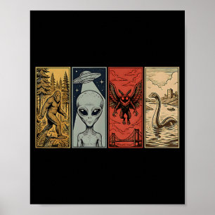 Retro monster loch ness mothman bigfoot alien poster