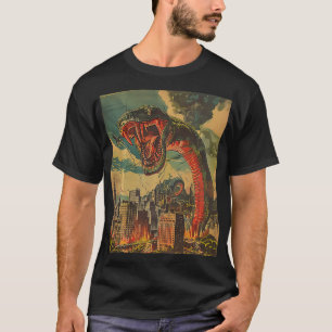 Retro Monster Python Snake Attacking City Building T-Shirt