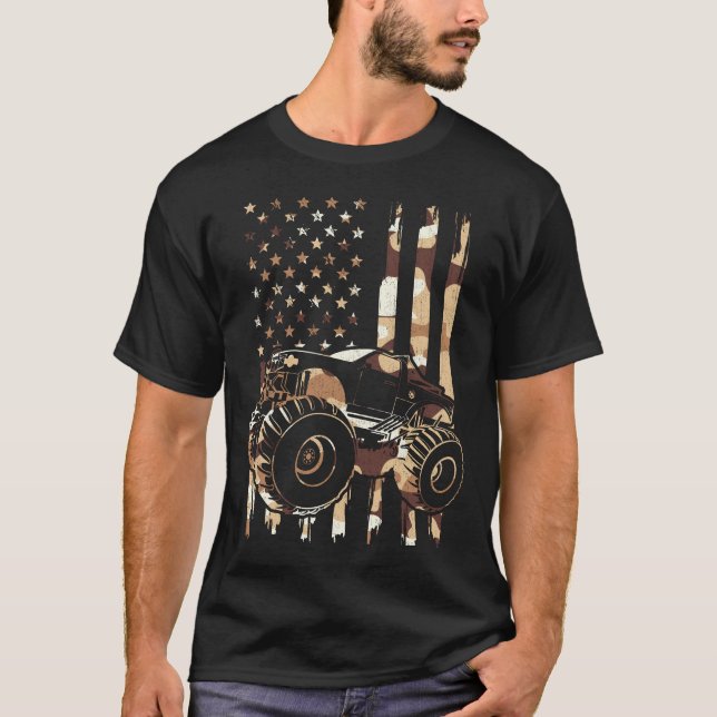 Retro Monster Truck Camo American Flag  T-Shirt (Front)