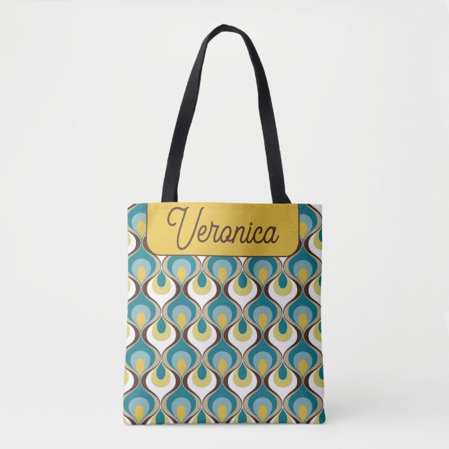 Retro Mood Blue Yellow Name Personalized Tote Bag (Front)