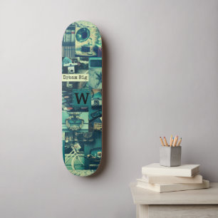 Retro Mood Board Vintage Tech Collage Monogram Skateboard