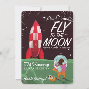 Retro Moon flight cartoon travel poster Invitation