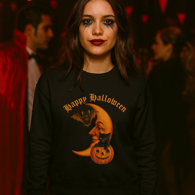 Retro Moon, Pumpkin, Black Cat & Bat Halloween Sweatshirt (Creator Uploaded)