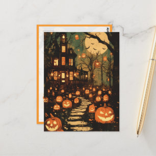 Retro Moonlit Haunted House Pathway Postcard