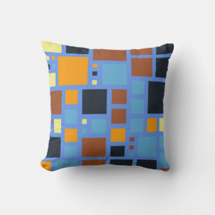 Retro Mosaic Squares Orange Brown Blue Grey Cushion