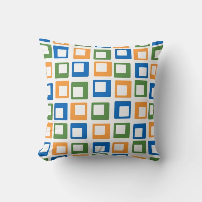 Retro Mosaic Squares | Orange Green Blue Cushion (Front)