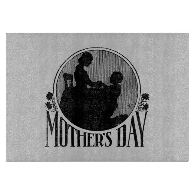 Retro Mother's Day Silhouette Light Grey Glass Cutting Board (Front)