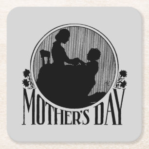 Retro Mother's Day Silhouette Light Grey Square Paper Coaster