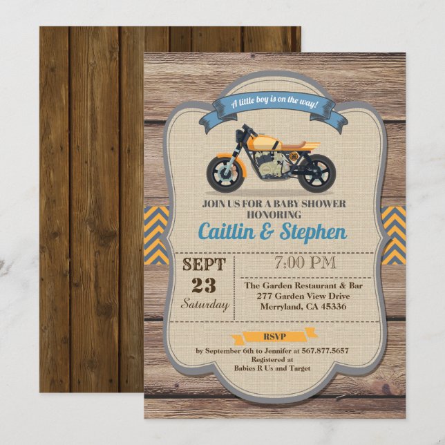 Retro motorbike baby shower invitation Yellow bike (Front/Back)