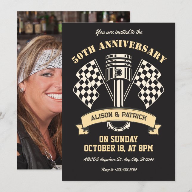Retro motorcycle mechanic wedding anniversary invitation (Front/Back)