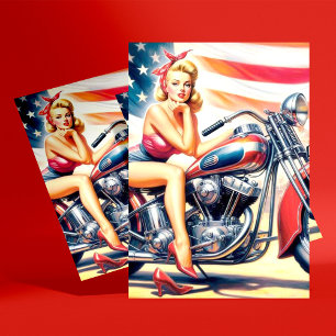 Retro Motorcycle Pin Up Postcard