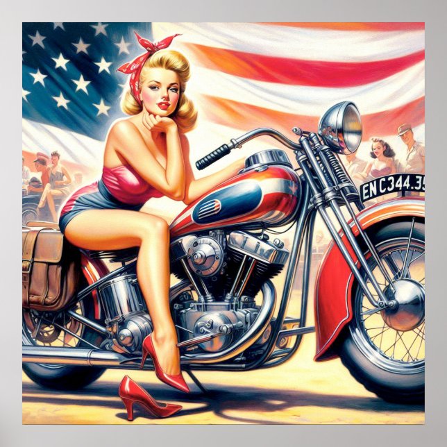 Retro Motorcycle Pin Up Poster (Front)