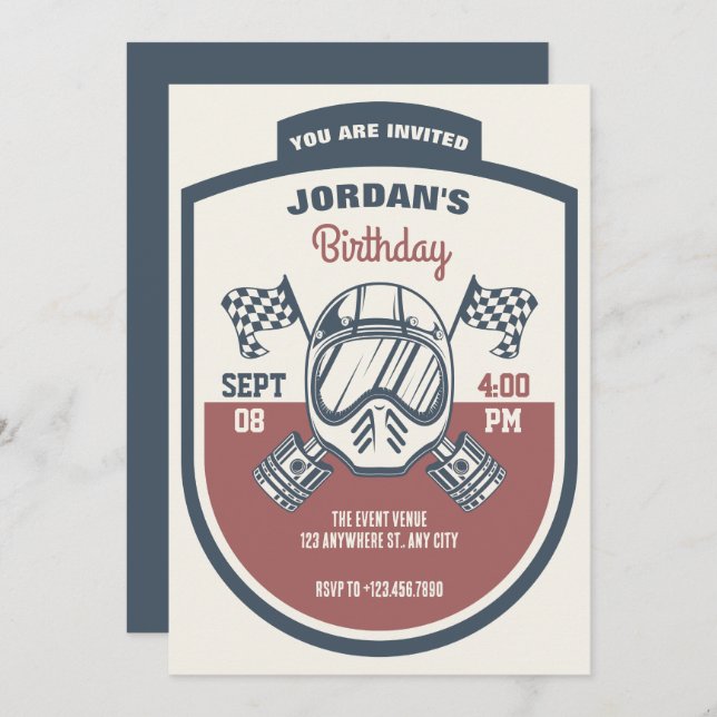 Retro motorcycle racing birthday invitation (Front/Back)