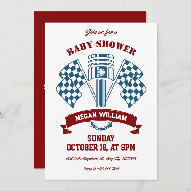 Retro motorcycle racing machine baby shower invitation (Front/Back)