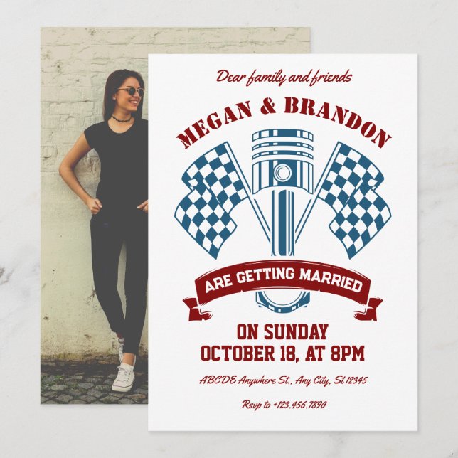Retro motorcycle racing machine wedding invitation (Front/Back)