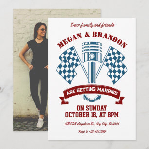 Retro motorcycle racing machine wedding invitation