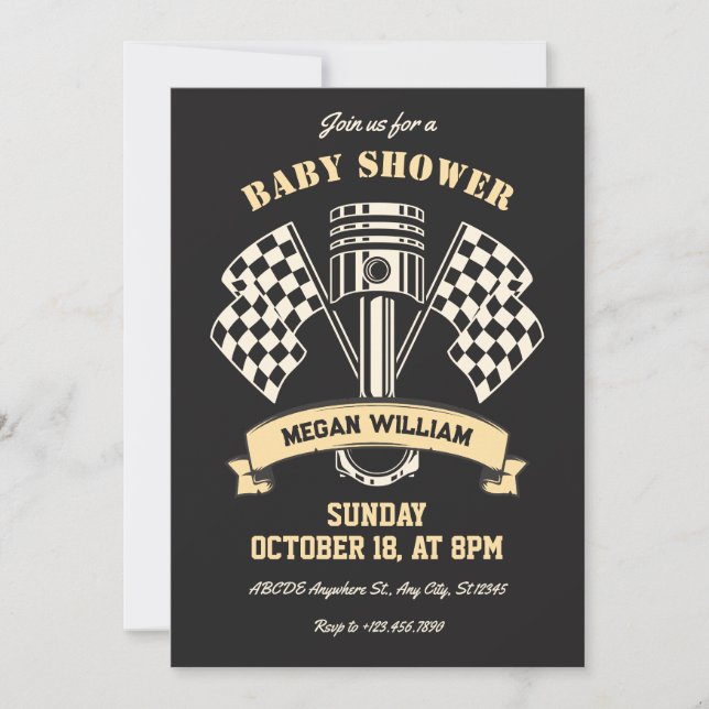 Retro motorcycle racing mechanic baby shower invitation (Front)