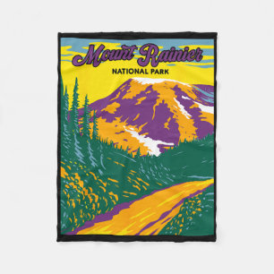 Retro Mount Rainier National Park Hiking Camping Fleece Blanket