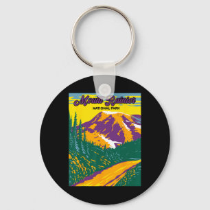 Retro Mount Rainier National Park Hiking Camping Key Ring