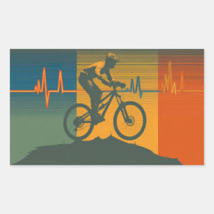 Retro Mountain Biker Heartbeat Rectangular Sticker