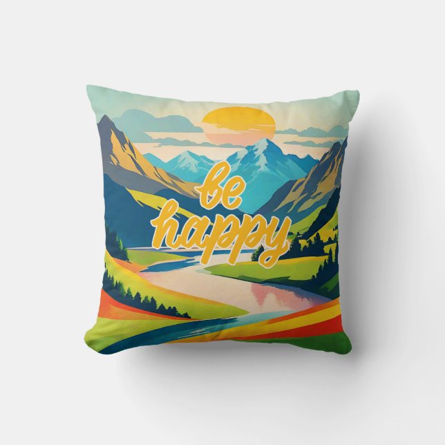 Retro Mountain Landscape Be Happy Cushion (Front)
