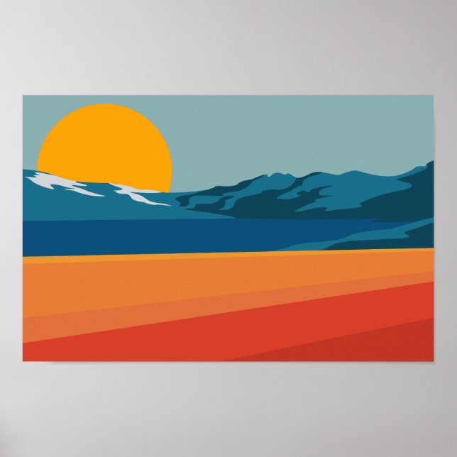 Retro Mountain Landscape Illustration Blue Yellow Poster (Front)