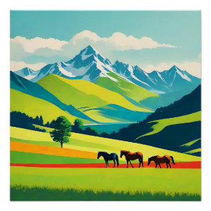 Retro Mountain Landscape Illustration Colorful Poster
